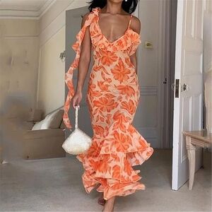 Orange Floral Ruffle Maxi Dress